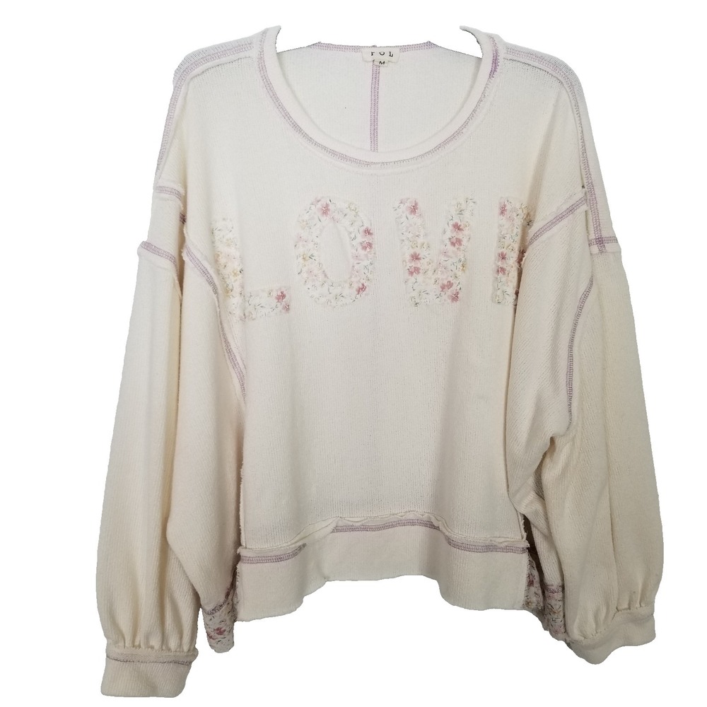 POL Women LOVE Pullover Sweater Sz M Ivory Boho Balloon Sleeveโ